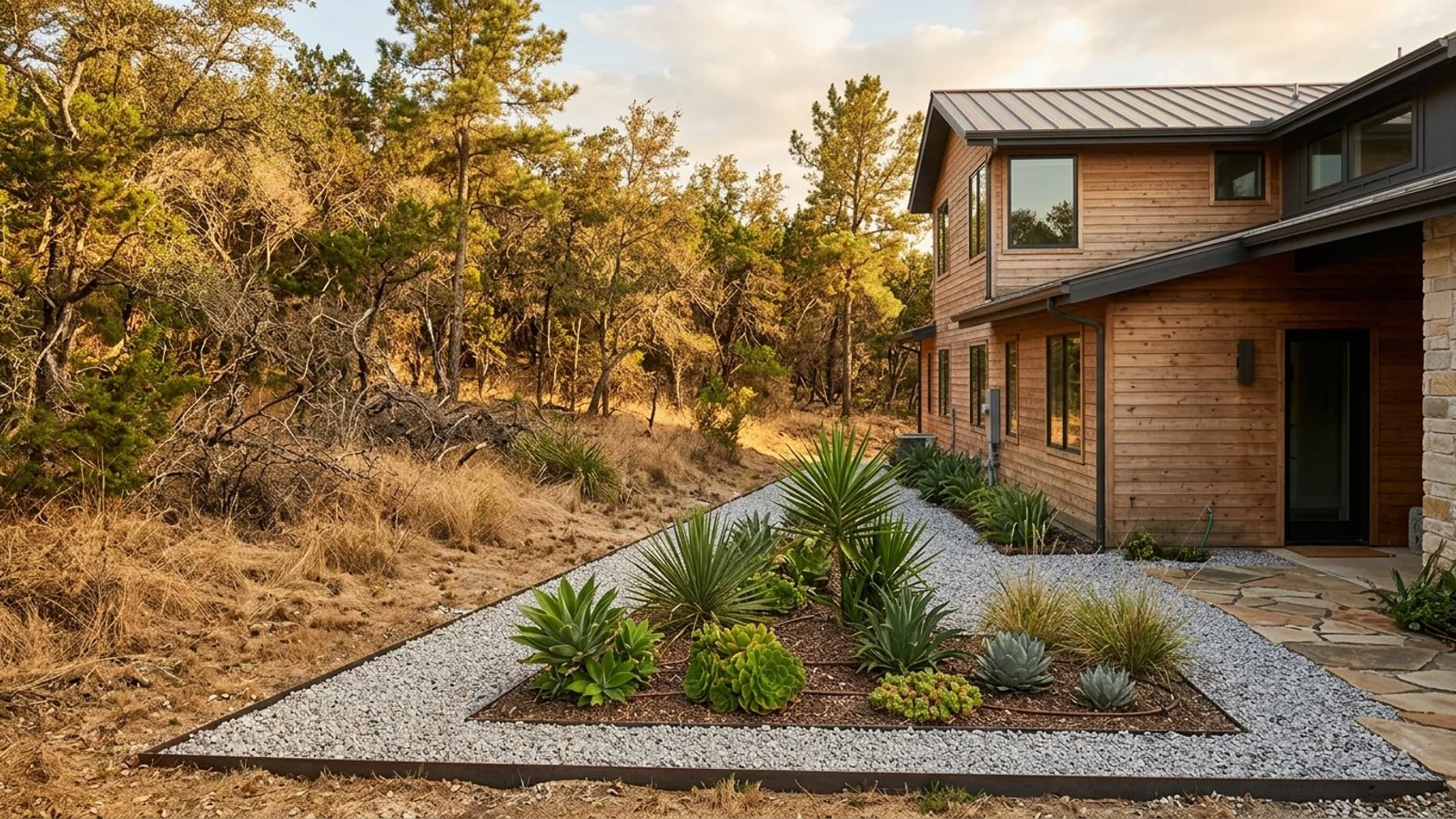 A house with a fire-resistant gravel perimeter and cleared landscaping.