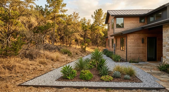 A house with a fire-resistant gravel perimeter and cleared landscaping.