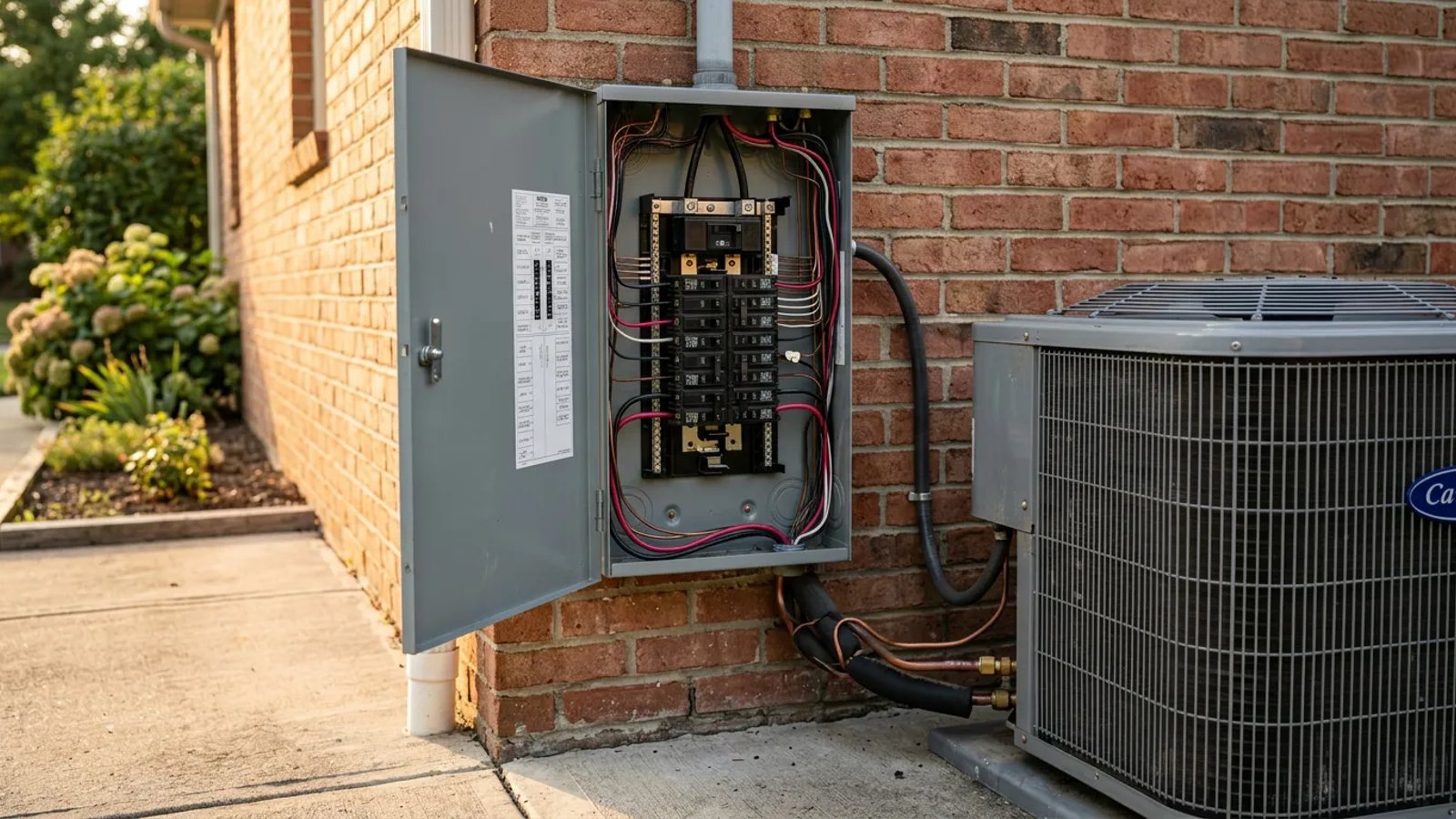 Outdoor AC compressor unit next to a residential electrical service panel