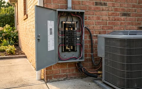 Outdoor AC compressor unit next to a residential electrical service panel