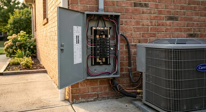 Outdoor AC compressor unit next to a residential electrical service panel