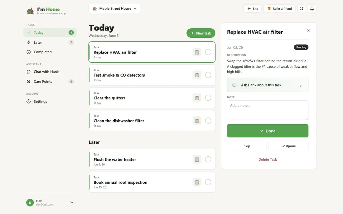 A task detail panel in I am Home with the steps, timing and notes