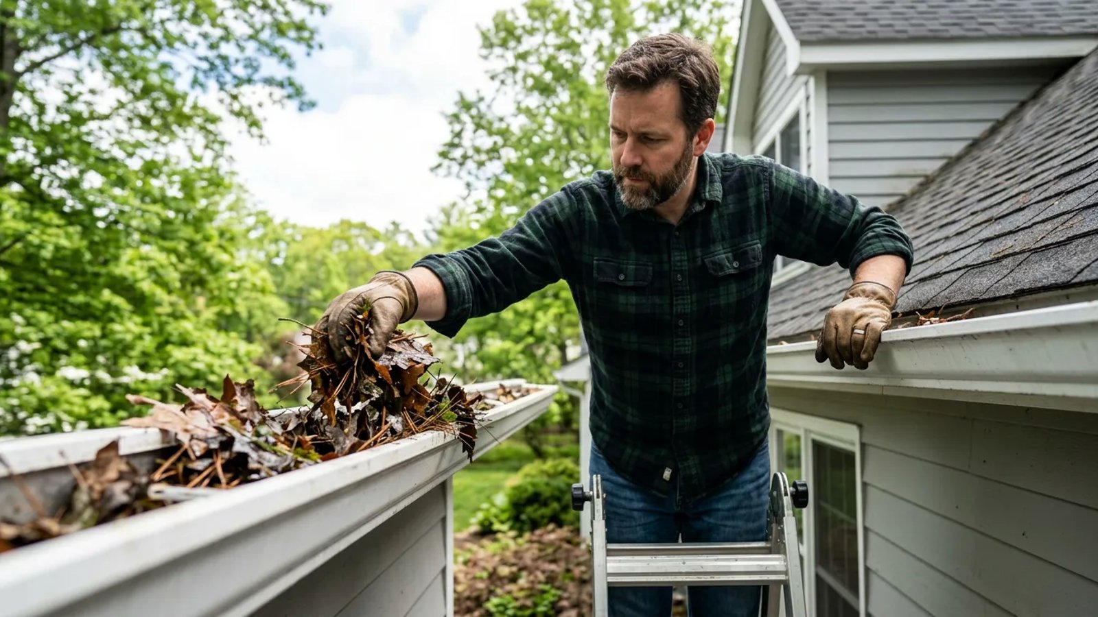Homeowner cleaning damp leaves and pine needles out of a white aluminum gutter.