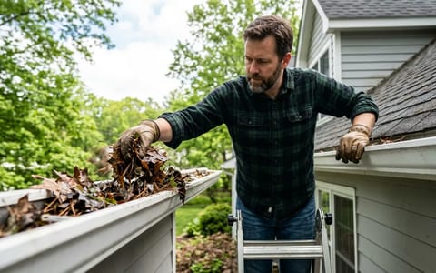 Homeowner cleaning damp leaves and pine needles out of a white aluminum gutter.