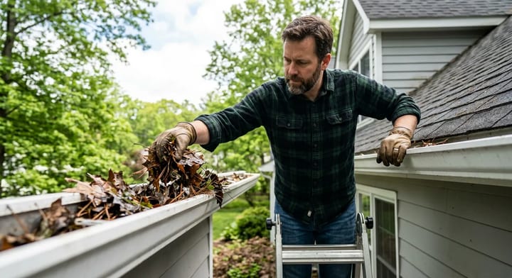 Homeowner cleaning damp leaves and pine needles out of a white aluminum gutter.