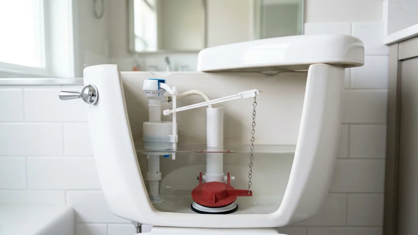 Inside of a toilet tank showing the flapper, chain, and fill valve.