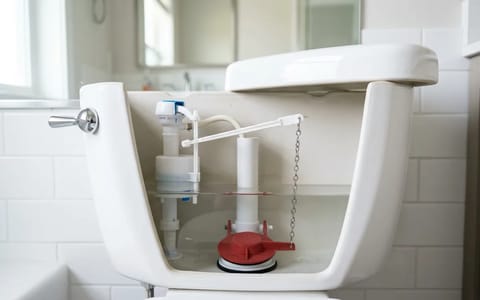 Inside of a toilet tank showing the flapper, chain, and fill valve.