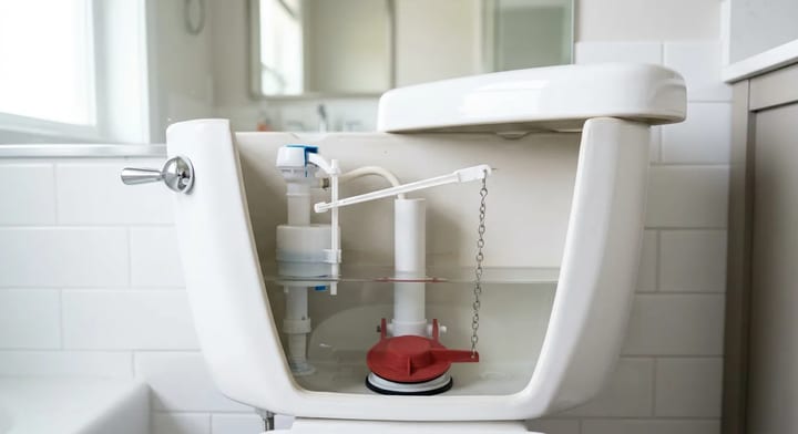Inside of a toilet tank showing the flapper, chain, and fill valve.