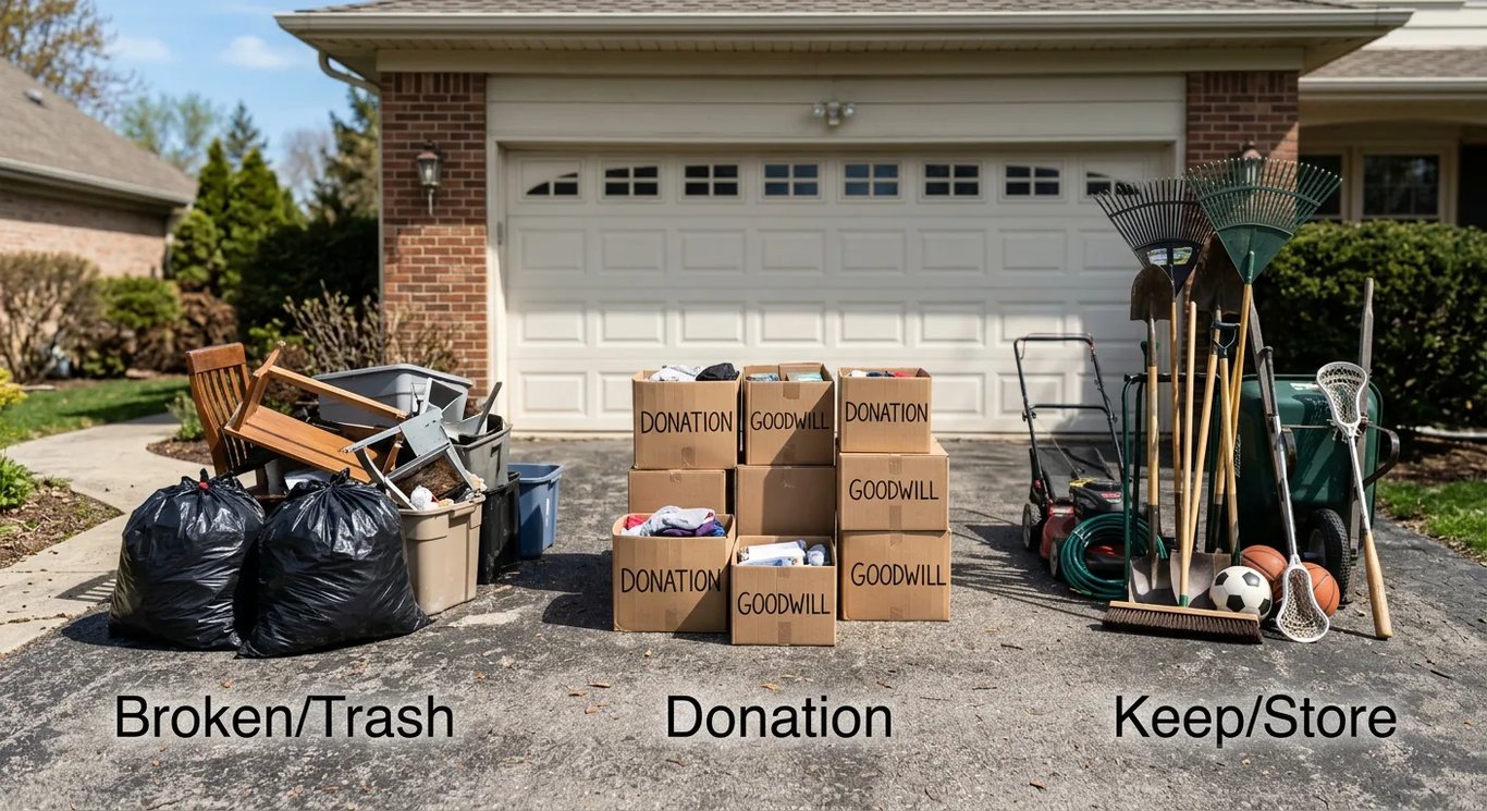 Sorting garage items into keep, donate, and toss piles on a driveway.
