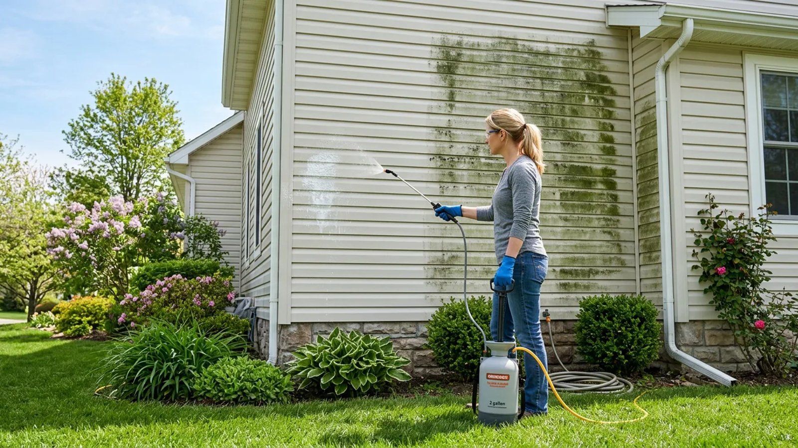 Homeowner spraying cleaning solution onto green algae-covered vinyl siding.