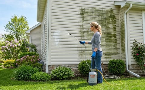 Homeowner spraying cleaning solution onto green algae-covered vinyl siding.