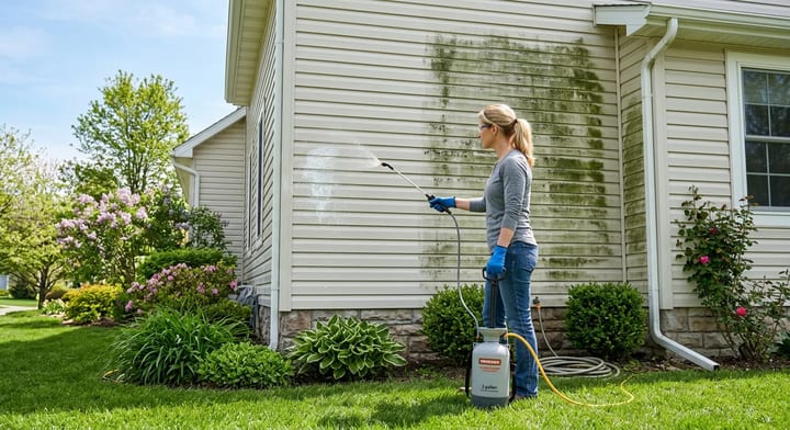 Homeowner spraying cleaning solution onto green algae-covered vinyl siding.