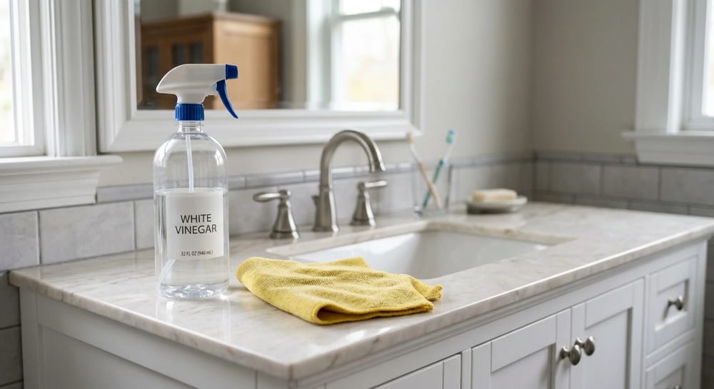 Spray bottle of vinegar and a microfiber cloth for cleaning