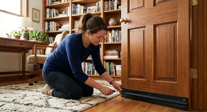 Homeowner installing an acoustic door sweep on a home office door to block noise.