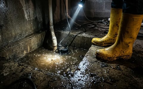 Flashlight shining into a full sump pump pit in a dark basement