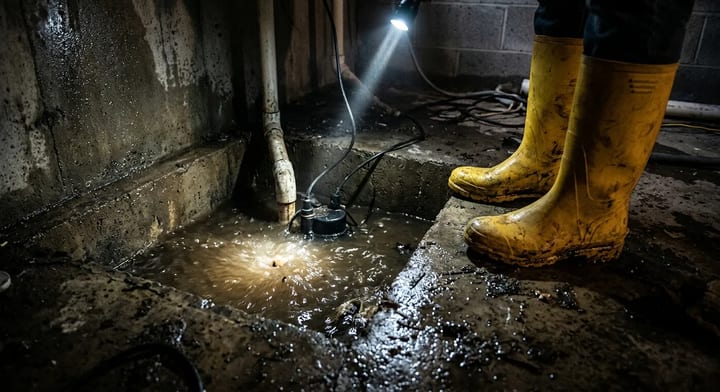 Flashlight shining into a full sump pump pit in a dark basement