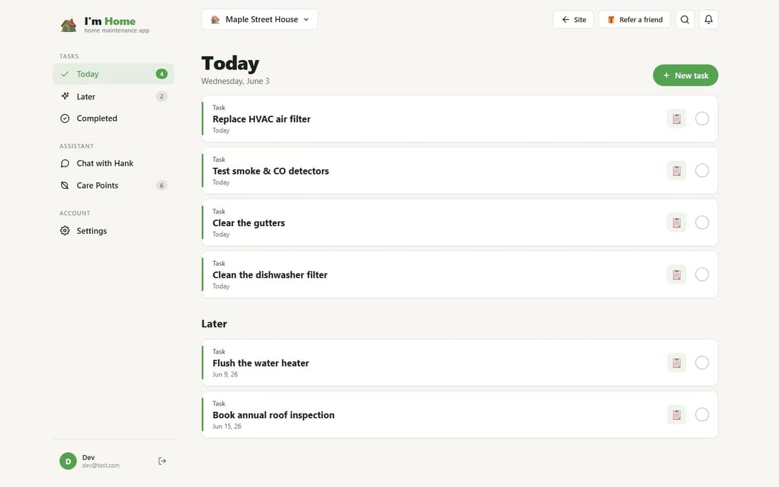 The I am Home dashboard in a web browser, showing today's home-maintenance tasks