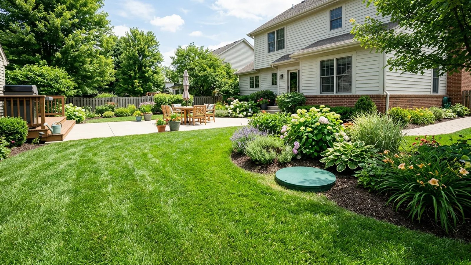 A green septic tank riser lid sitting flush with a manicured residential lawn