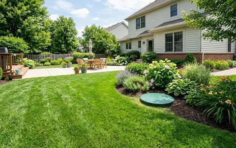 A green septic tank riser lid sitting flush with a manicured residential lawn