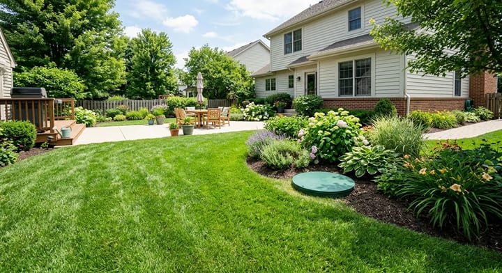 A green septic tank riser lid sitting flush with a manicured residential lawn