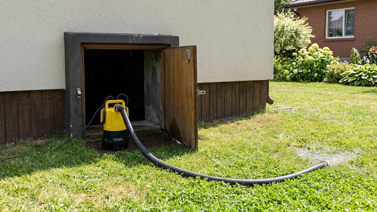 A yellow submersible pump removing water from a home's crawl space.