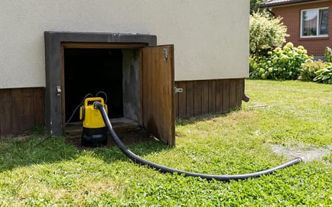 A yellow submersible pump removing water from a home's crawl space.