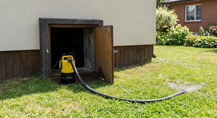 A yellow submersible pump removing water from a home's crawl space.