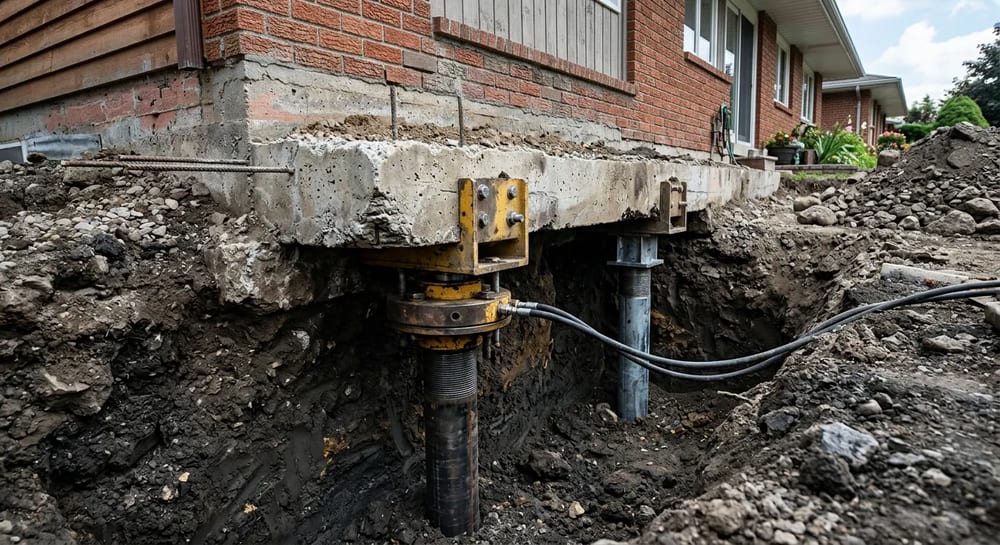 Underpinning uses deep steel piers to stabilize a sinking foundation.