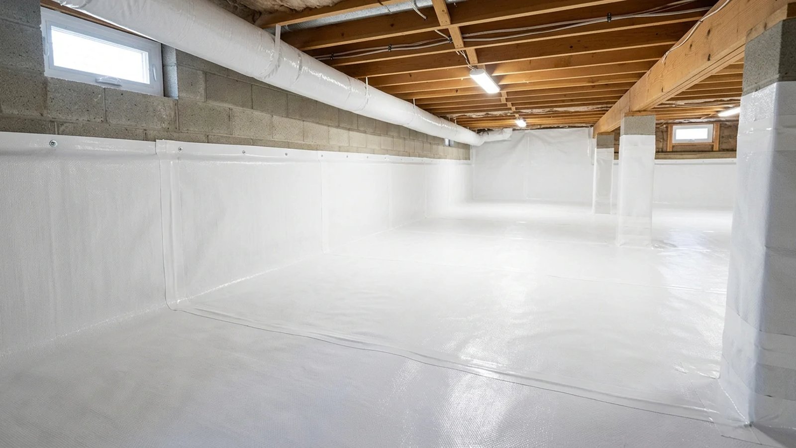 A clean, encapsulated crawl space with a bright white moisture barrier liner.