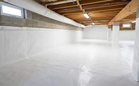 A clean, encapsulated crawl space with a bright white moisture barrier liner.