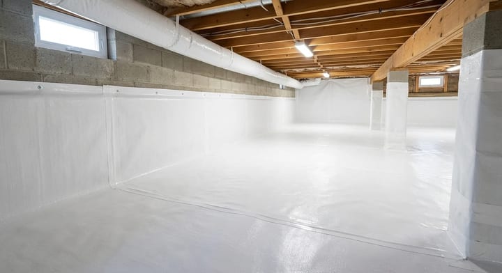 A clean, encapsulated crawl space with a bright white moisture barrier liner.