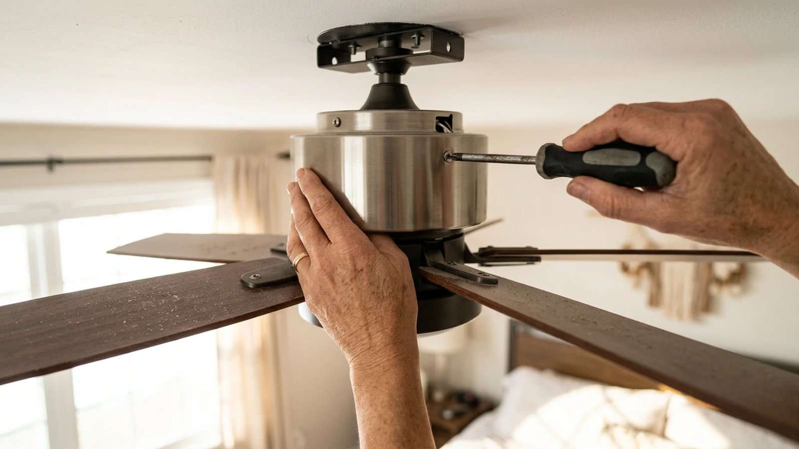 Homeowner using a screwdriver to tighten the canopy of a ceiling fan