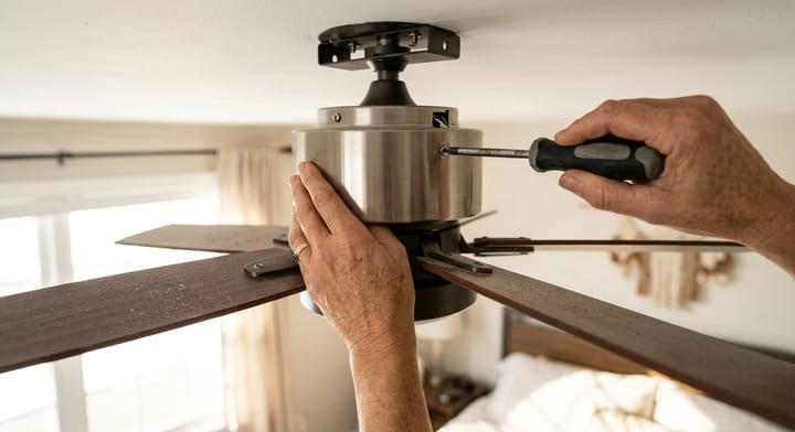 Homeowner using a screwdriver to tighten the canopy of a ceiling fan
