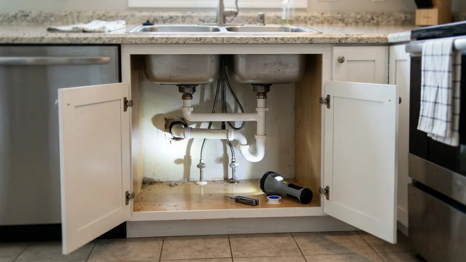 Looking inside a kitchen sink cabinet with a flashlight to inspect plumbing cutouts.