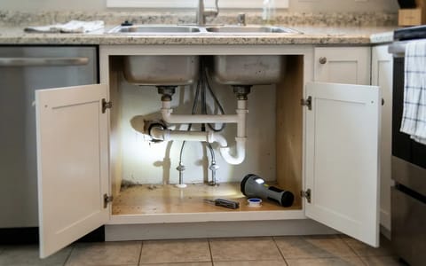 Looking inside a kitchen sink cabinet with a flashlight to inspect plumbing cutouts.