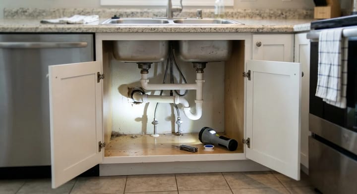 Looking inside a kitchen sink cabinet with a flashlight to inspect plumbing cutouts.