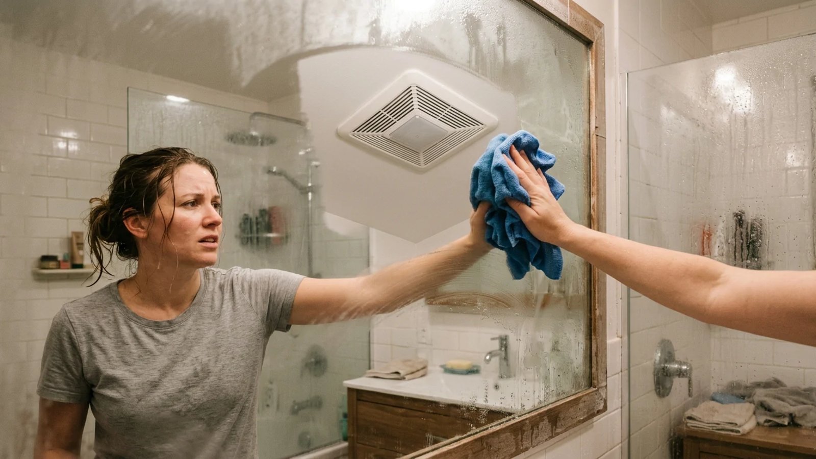 Homeowner wiping a fogged bathroom mirror with a ceiling exhaust fan in the background.