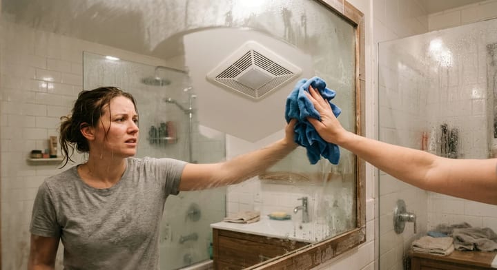 Homeowner wiping a fogged bathroom mirror with a ceiling exhaust fan in the background.
