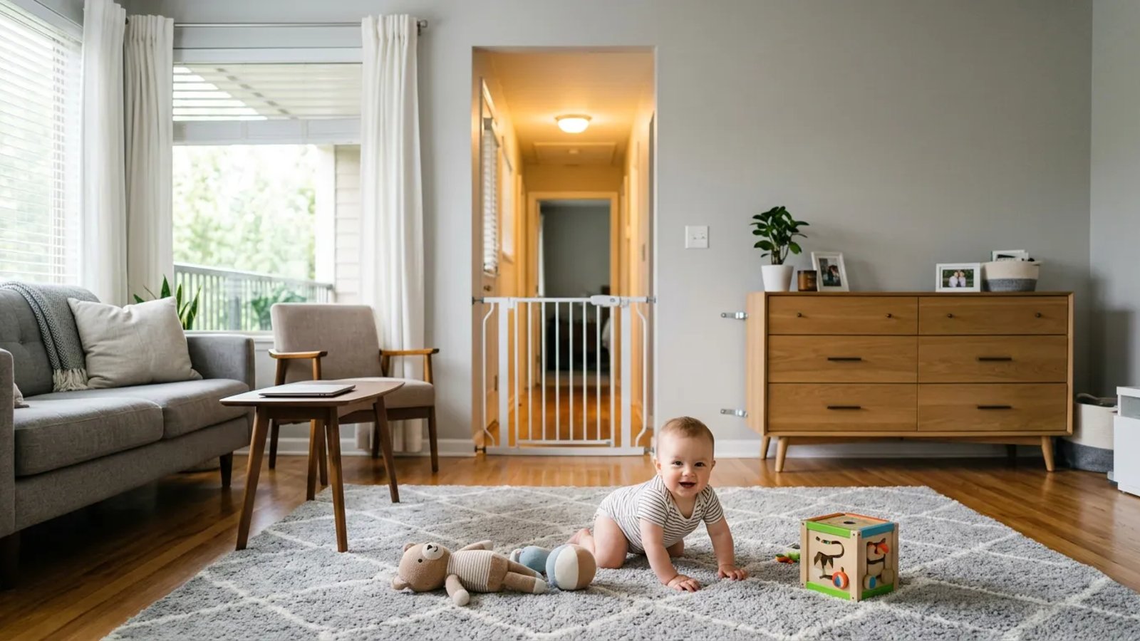 A safe, baby-proofed rental apartment living room with a crawling infant.