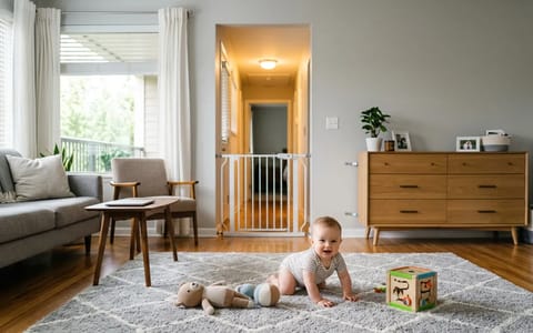 A safe, baby-proofed rental apartment living room with a crawling infant.