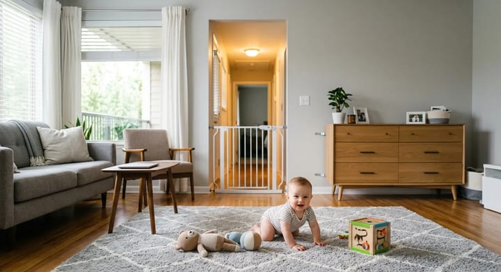 A safe, baby-proofed rental apartment living room with a crawling infant.
