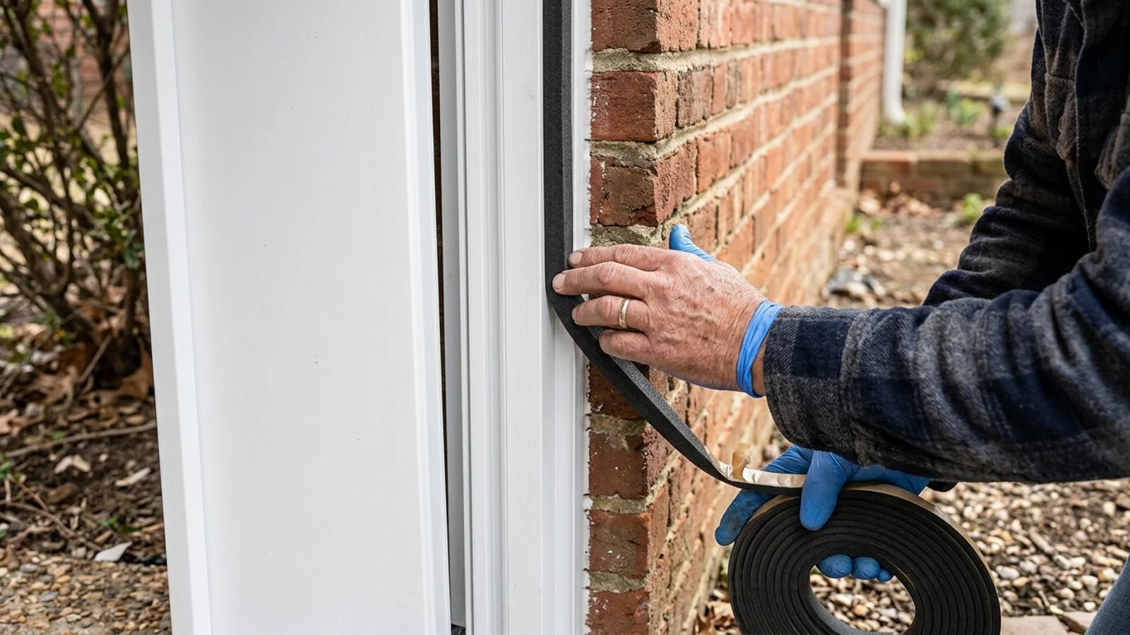 Homeowner applying weatherstripping to a new exterior crawl space door frame.
