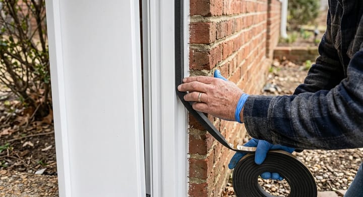 Homeowner applying weatherstripping to a new exterior crawl space door frame.