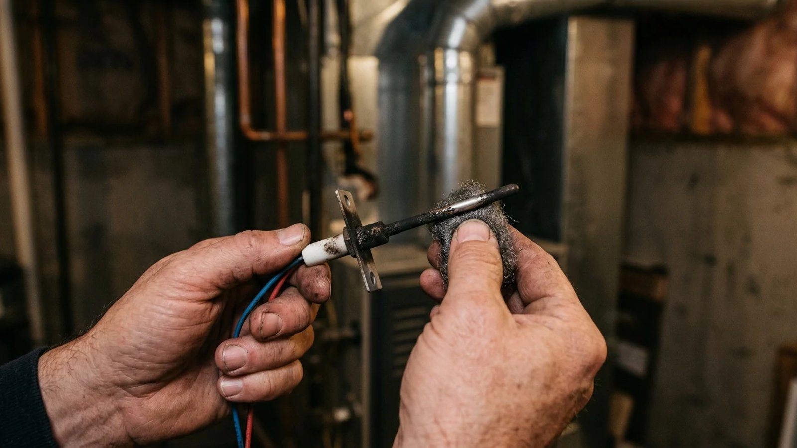 A homeowner cleaning a metal furnace flame sensor with fine steel wool.