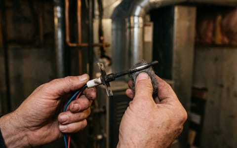 A homeowner cleaning a metal furnace flame sensor with fine steel wool.