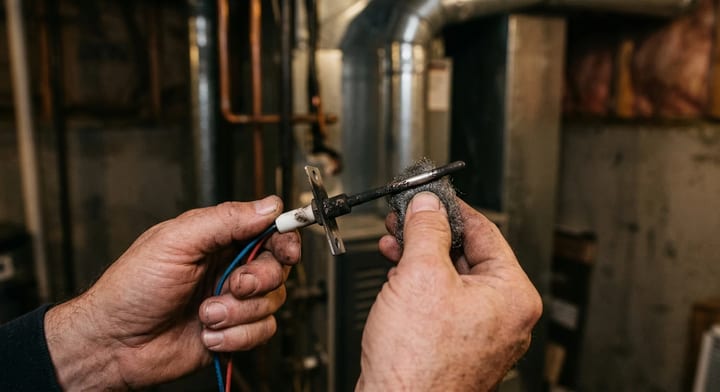 A homeowner cleaning a metal furnace flame sensor with fine steel wool.