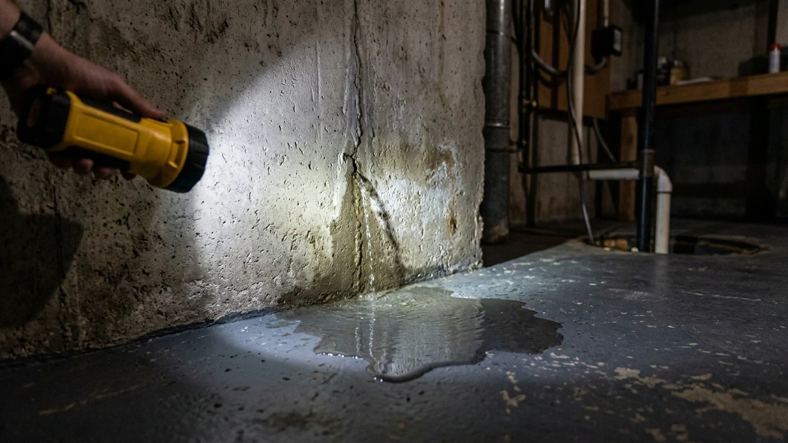 A flashlight shining on a small puddle of water leaking from a concrete basement wall.