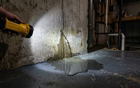 A flashlight shining on a small puddle of water leaking from a concrete basement wall.