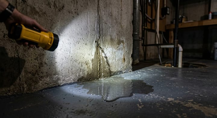 A flashlight shining on a small puddle of water leaking from a concrete basement wall.