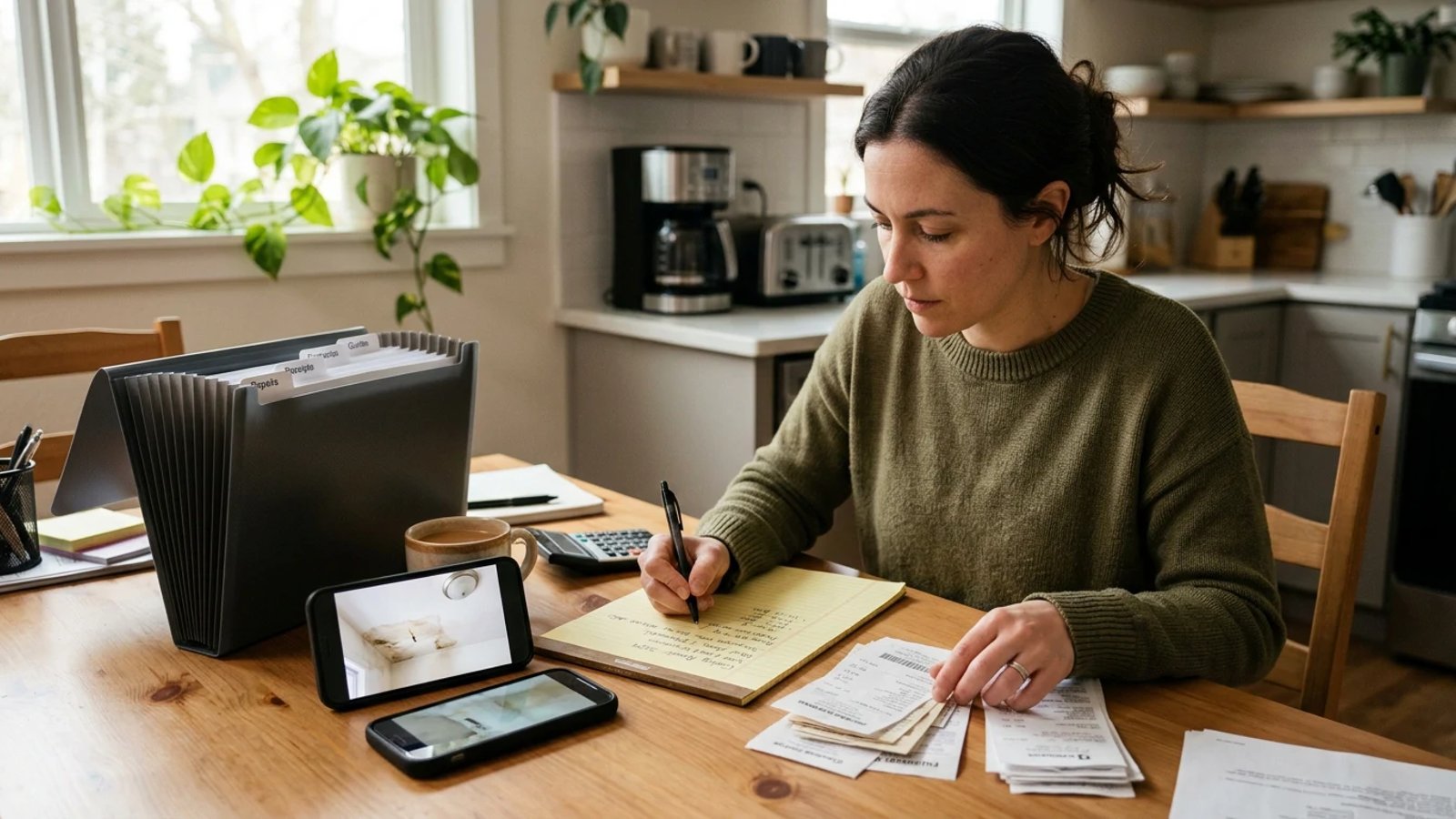Homeowner organizing documents and receipts for an insurance claim at a kitchen table